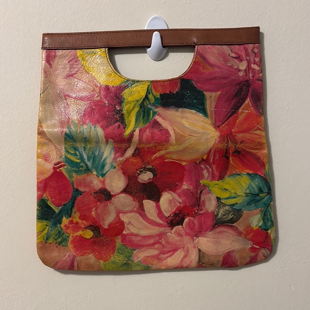 Maurizio Taiuti Brown and Pink Floral Tote Bag with Tropical Design, Leather